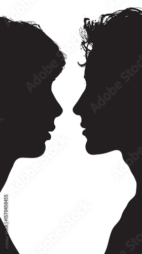 silhouette head profile of pensive young man and woman opposite each other