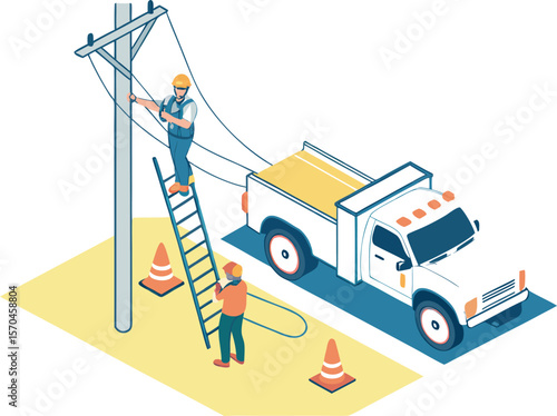 Workers repairing power lines with truck and ladder utility workers utility pole