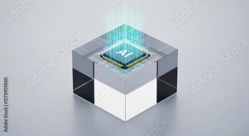 Futuristic AI Chip on Glass Cube with Digital Connections Illustration