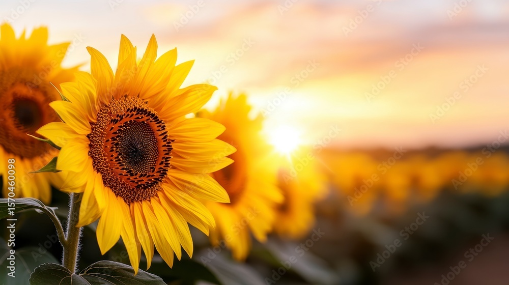 Obraz premium A field of sunflowers facing the last light of the day. Golden blooms greet evening s gentle decline a vibrant tableau painted across a vast expanse of earth.