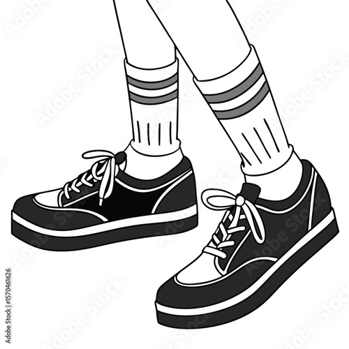 Illustration of legs wearing striped socks and black and white sneakers with tied shoelaces walking