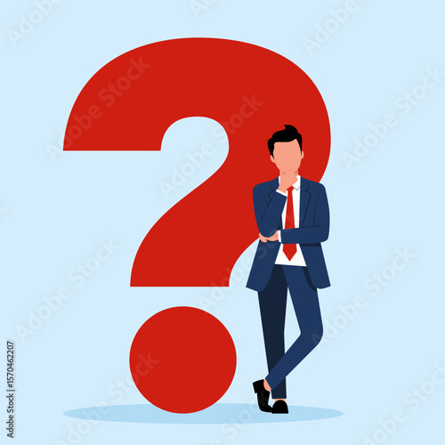 Illustration of a thoughtful businessman standing next to a large question mark, symbolizing uncertainty, inquiry, and seeking answers.