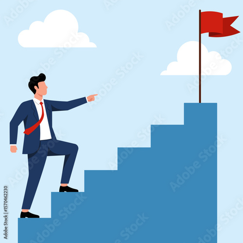 Illustration of a businessman walking up stairs towards a flag, symbolizing career progression and achieving ambitious goals.