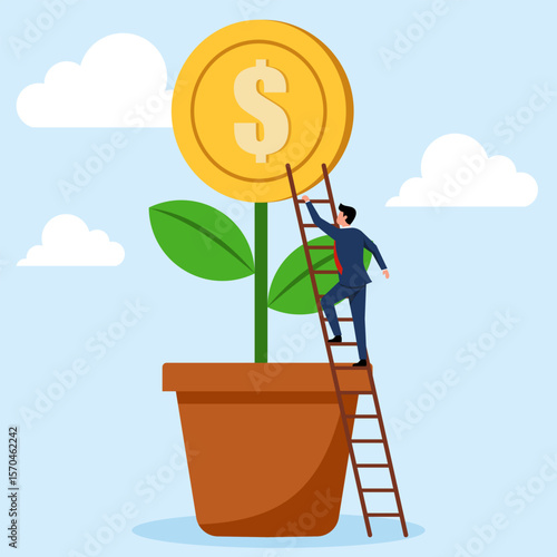 Illustration of a businessman climbing a ladder towards a money plant, symbolizing financial growth and investment opportunity.
