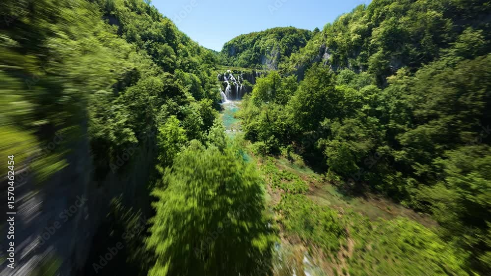 Fly Over Picturesque Lush Nature Of Plitvice Lakes National Park In Croatia. FPV Fly Over Picturesque Lush Nature Of Plitvice Lakes National Park In Croatia. FPV