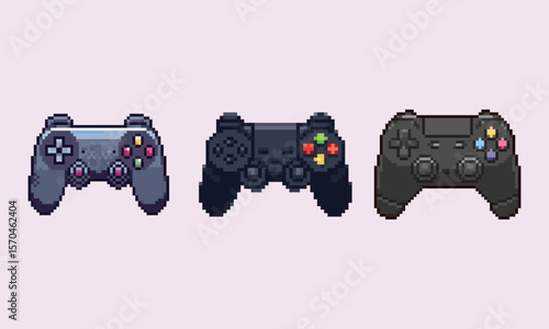 Pixel Art Game Controller Set Retro Gaming Icons. A collection of 8-bit style pixel art game controller icons.