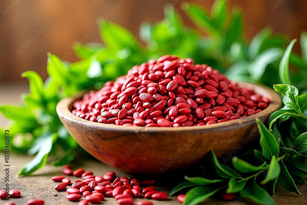 Rustic Wooden Bowl Filled with Red Seeds Surrounded by Lush Green Leaves, Natural Still Life. AI Generative Rustic Wooden Bowl Filled with Red Seeds Surrounded by Lush Green Leaves, Natural Still Life. AI Generative