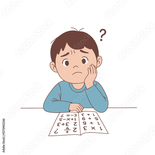 Confused Student Struggling with Math Problems, Depicting Academic Difficulty and the Need for Educational Support Resources and Homework Assistance.