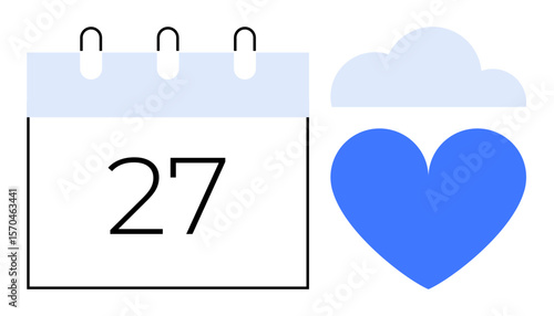 Calendar displaying the 27th, blue heart, and a cloud. Ideal for planning, love, memory, organization, health, scheduling emotional connection simple landing page