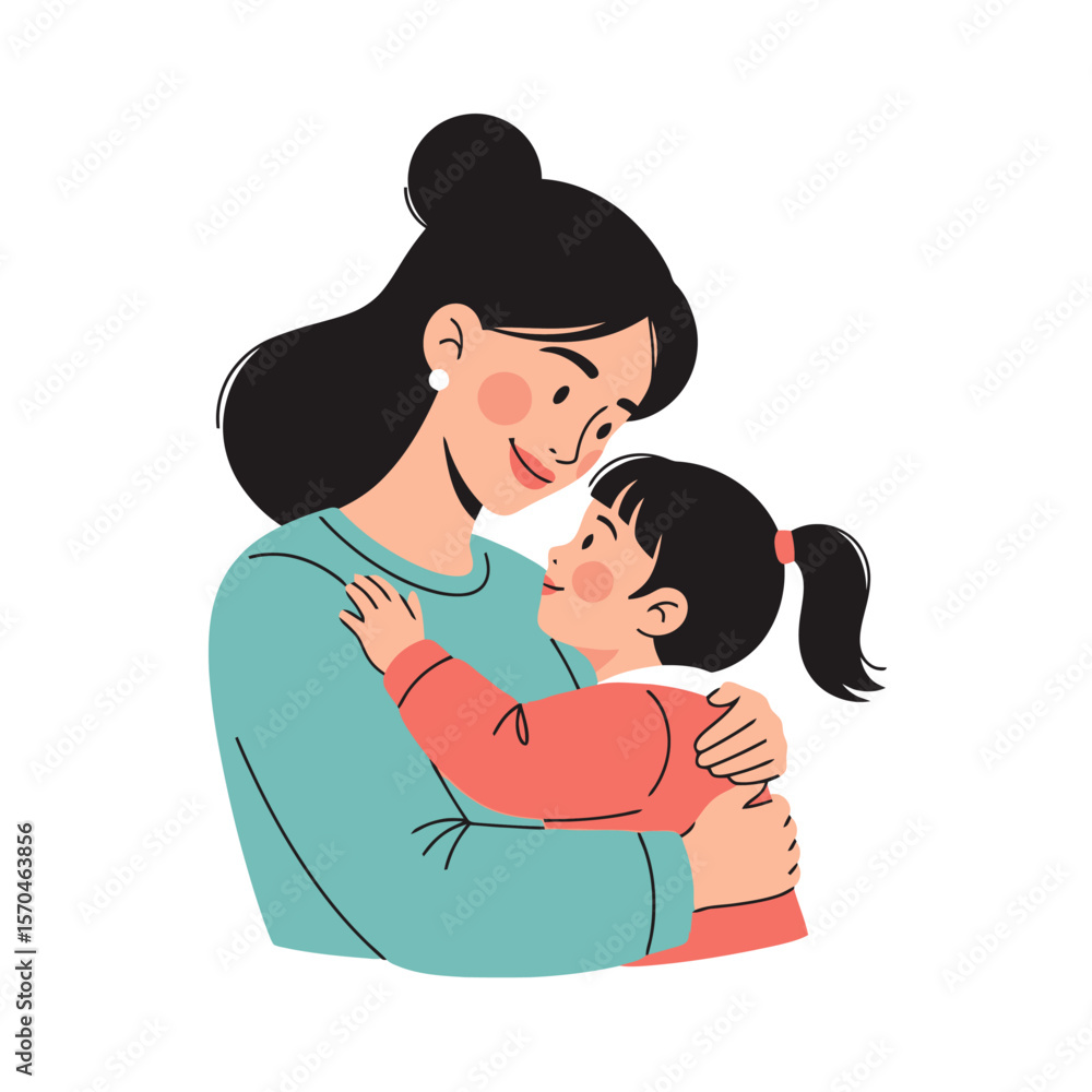 Fototapeta premium Tender Mother-Daughter Embrace, a Heartwarming Illustration for Family-Oriented Content, Educational Resources, and Children's Storybooks, Promoting Love, Care, and Connection.
