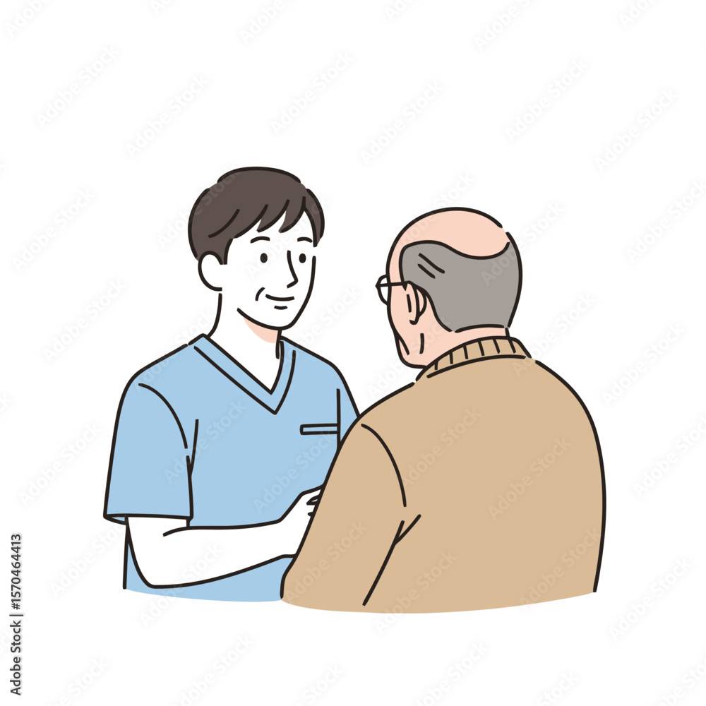 Fototapeta premium Compassionate Caregiver Engaging with Senior Man, Illustrating Empathy and Support in Healthcare Settings. Ideal for Ageing, Home Care Services and Medical Illustration Projects.