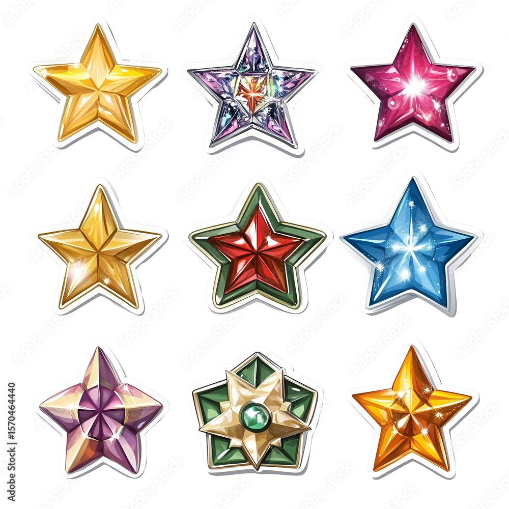 Obraz premium Nine Sparkling Gemstone Stars Game Assets, Shiny, Jewel, Award, Icons