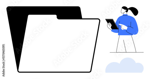 Woman holding a tablet while managing a massive folder icon, representing digital file storage or organization. Ideal for cloud computing, technology, productivity, workflow, business management