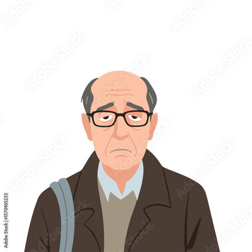 Illustrated Portrait of a Sad Elderly Man with Glasses and Bag, Representing Loneliness and Emotional Expression in Healthcare and Social Awareness Projects