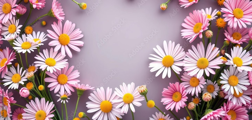 Delicate pink spring flowers and daisies arranged in a circular frame, garden, decoration Delicate pink spring flowers and daisies arranged in a circular frame, garden, decoration