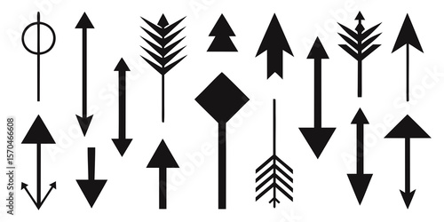 Collection of various black arrow shapes and direction indicators on white background
