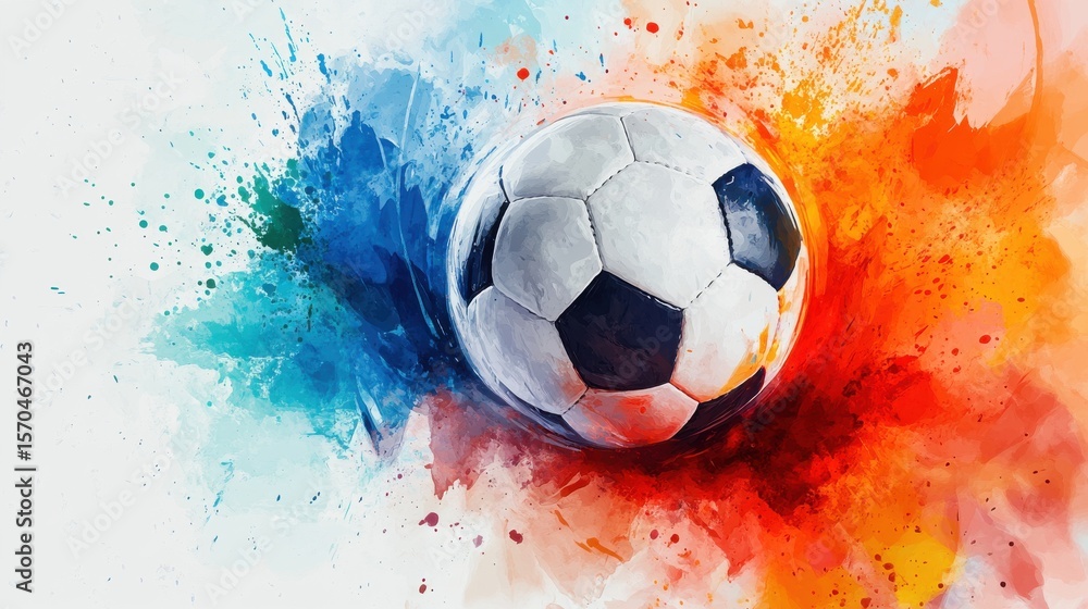 Fototapeta premium Abstract soccer ball with blue and orange paint splatters