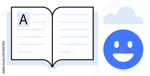 Open book with visible text, blue smiling face, and cloud outline. Ideal for education, reading, creativity, learning, positivity, digital platforms simple landing page