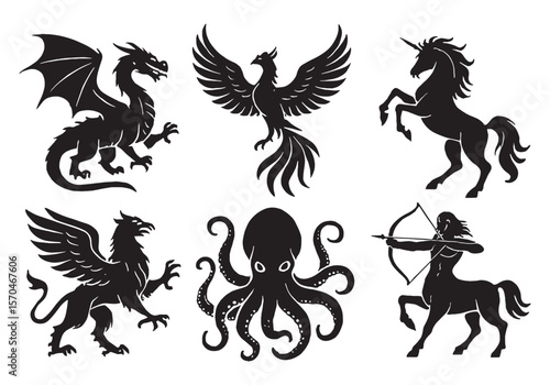 Silhouettes of legendary mythical creatures including dragon, phoenix, unicorn, griffin, kraken, and centaur in bold black vector art.