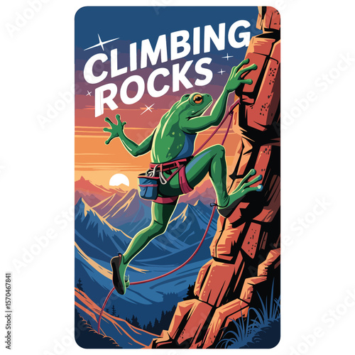 Frog climbing red rocks with sunset sky, vintage comic adventure scene, vector illustration