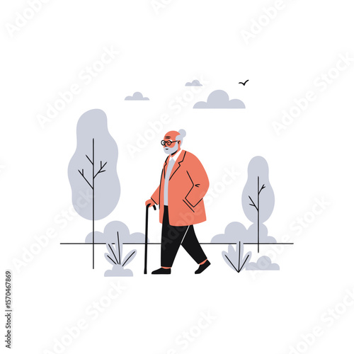 Senior Man Walking with Cane in Park Illustration