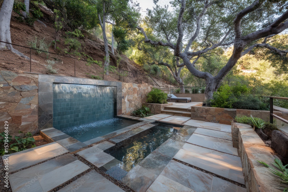 A grand hillside property a recessed garden courtyard with glass waterfall wall native stone mosaics built into a A grand hillside property a recessed garden courtyard with glass waterfall wall native stone mosaics built into a