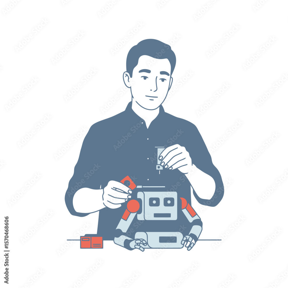 Robot Assembly: Man Building a Futuristic Companion Robot Assembly: Man Building a Futuristic Companion