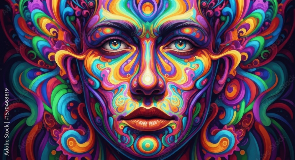 Vibrant Psychedelic Portrait of a Woman with Swirling Colors Embellishing Her Face Vibrant Psychedelic Portrait of a Woman with Swirling Colors Embellishing Her Face