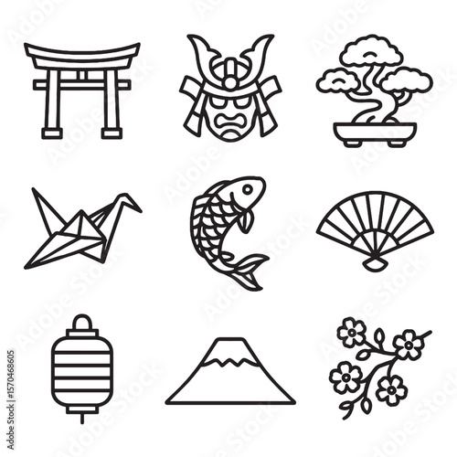 Japanese cultural icon set including Mount Fuji, bonsai tree, koi fish, lantern, fan, and origami in clean outline style.