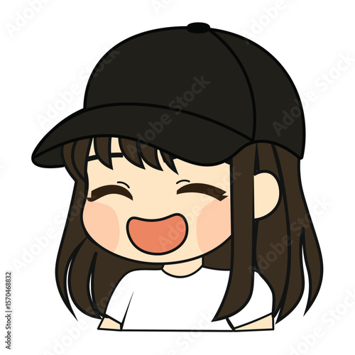 Cute Girl Character Laughing Happily with Black Cap
