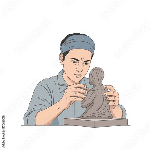 Focused Sculptor Crafting a Clay Figure