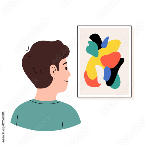 Abstract Art Appreciation: Young Man Viewing Modern Artwork