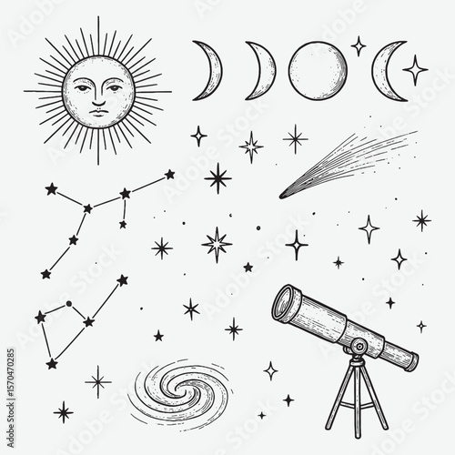 A detailed hand-drawn collection of celestial elements including moon phases, stars, constellations, and a vintage telescope illustration.
