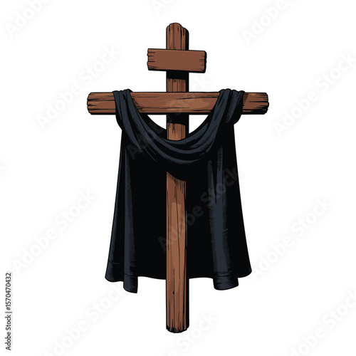 Wooden cross draped with black cloth, somber classic religious symbol art, vector illustration.