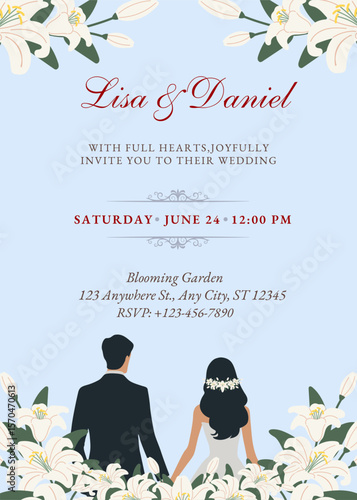 Flat Wedding Invitation Design with Bride and Groom and White Lilies