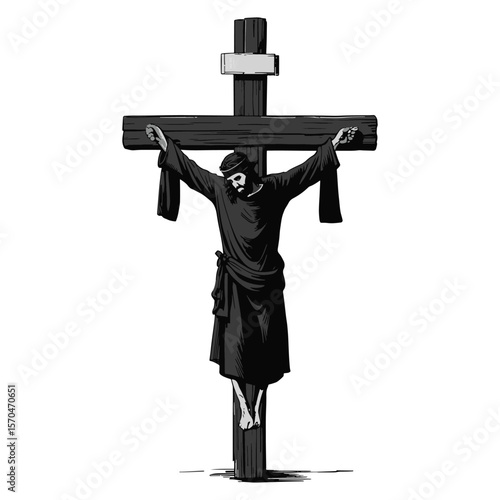 Black-clad Jesus on the cross, detailed and somber religious depiction expressing sacrifice and devotion. Vector illustration.