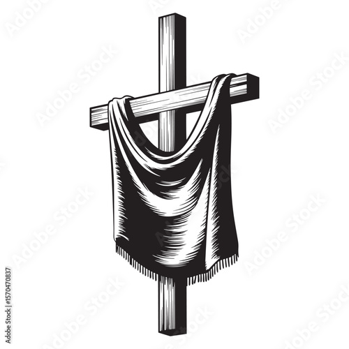 Draped white cloth on a wooden cross, symbolizing purity and resurrection in Christian faith. Vector illustration.
