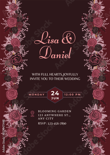 Aesthetic floral wedding invitation template in burgundy theme with vintage rose border. Suitable for printable wedding cards and modern elegant ceremony announcements.