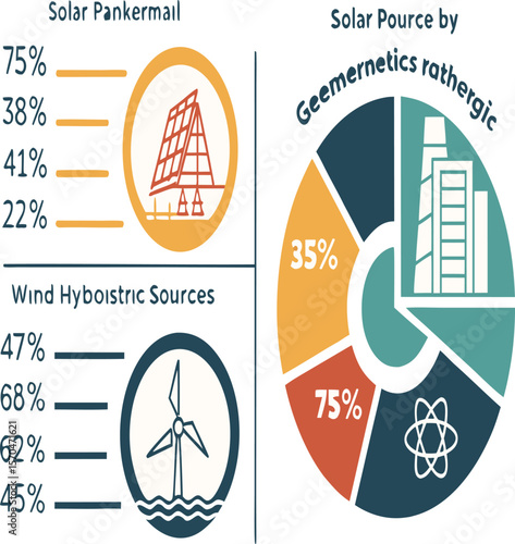 Illustration showing solar, wind, hydro, and geothermal energy sources with percentage usages shown