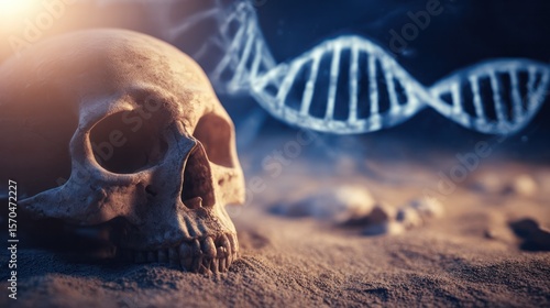 Ancient skull fragment with DNA strands, revealing clues to human evolution