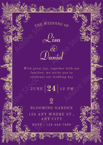 Wedding card design with luxurious purple background and golden floral frame. Ideal for royal-themed weddings and formal invites.