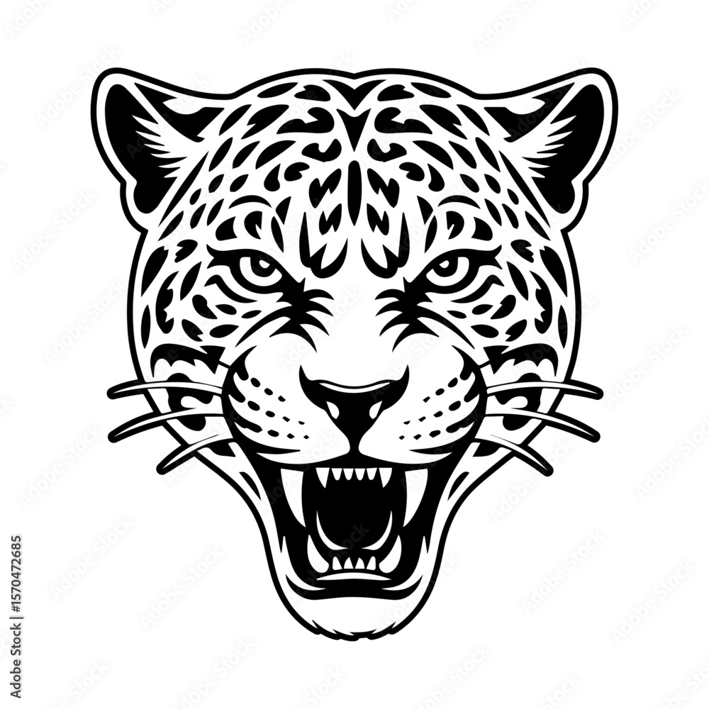 Fototapeta premium A black and white jaguar head on a white background.