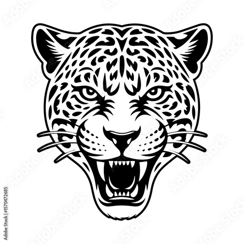 A black and white jaguar head on a white background.