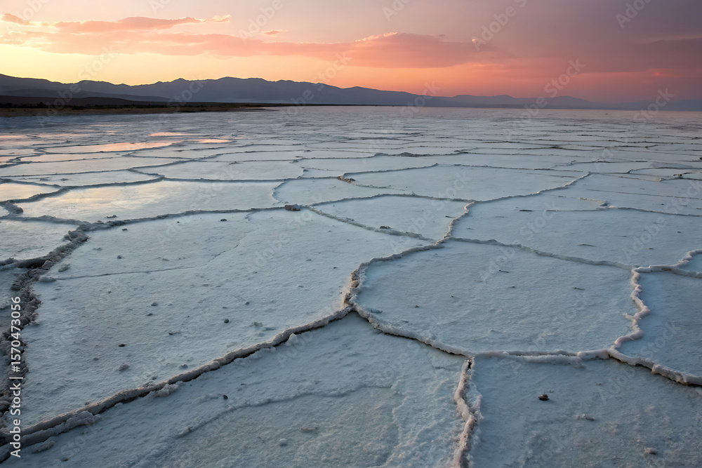 Obraz premium Cracked salt flats reflecting a pink and orange sunset sky over distant mountains