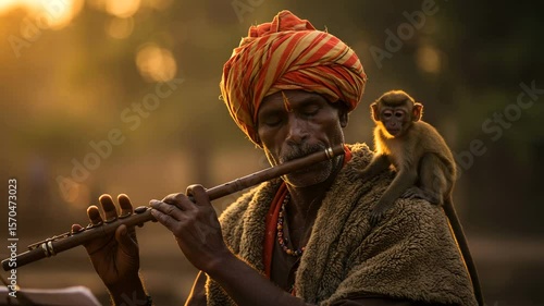 Traditional man in turban plays flute with monkey on shoulder in warm golden hour light