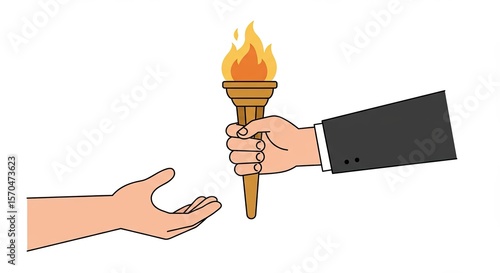 Passing the torch a hand giving a flaming torch to another person