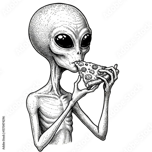 Cartoon Alien Eating Pizza Illustration Sci-fi Humor Comic Design