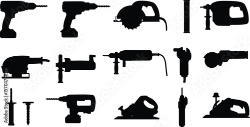 Comprehensive Power Tools Silhouettes Set: Extensive collection of drills, saws, sanders, and other construction and DIY electric tools, ideal for various projects.