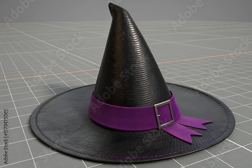 3D Render of Black Witch Hat with Purple Ribbon on Gray Grid Background