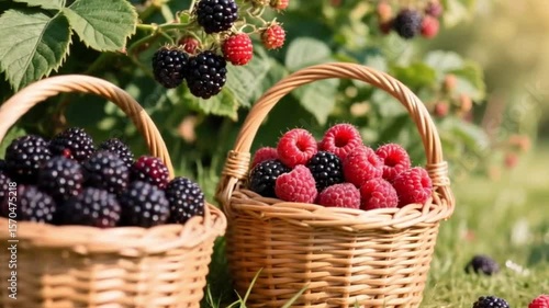 Wallpaper Mural Two wicker baskets filled with fresh red raspberries and dark black blueberries. The vibrant berries contrast beautifully, showcasing their juicy textures and rich colors in natural light.3 Torontodigital.ca